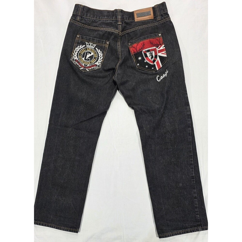 Y2K COOGI Mens Jeans 36x31 Embroidered 1969 Crest Flag Black Baggy Streetwear